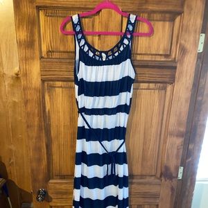 Blue and white striped maxi dress